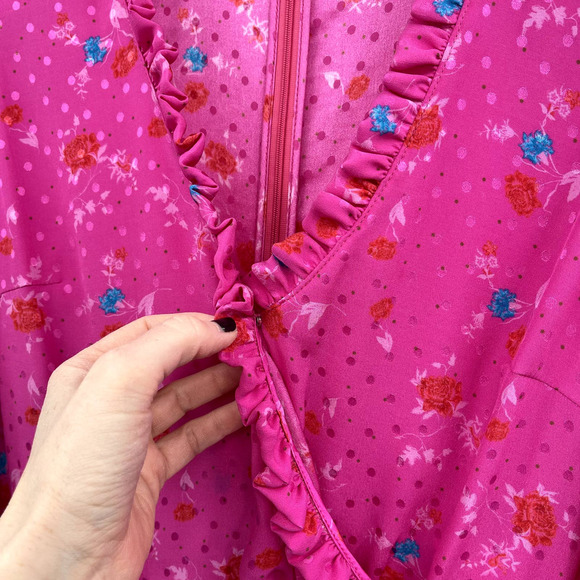 MAGDA BUTRYM Carlton Dress Ruched Mini Dress Hot Pink Silk Ruffles Floral Print - Picture 14 of 16
